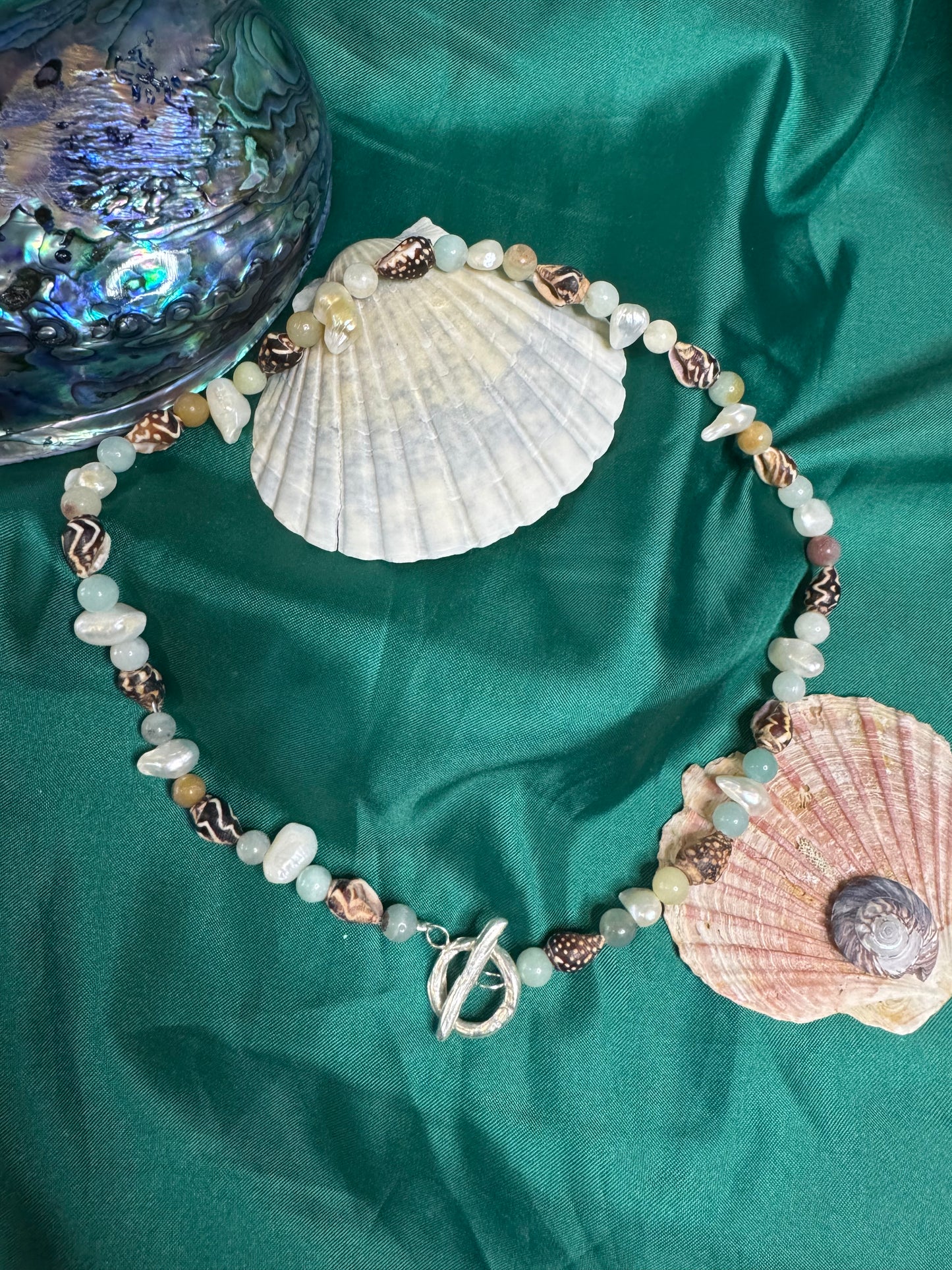 Pearl, Amazonite and Shell Toggle Necklace